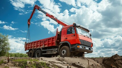 Construction truck with a crane lifting materials.