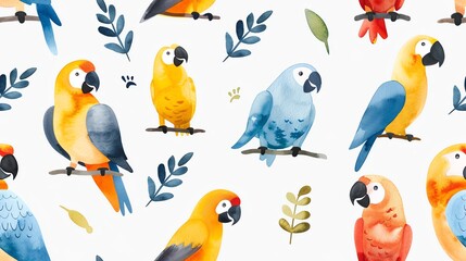 Naklejka premium Seamless pattern of colorful watercolor parrots and leaves, perfect for textiles, wallpapers, and designs.