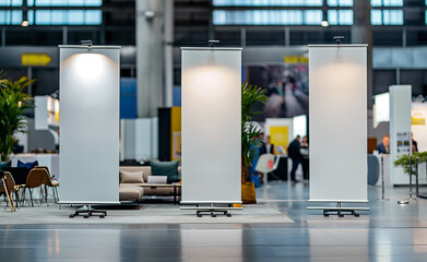 Blank banners in a spacious modern exhibition hall.