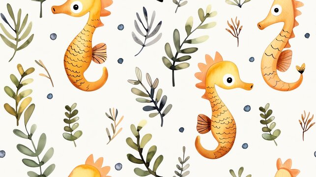 Seamless pattern with cute orange seahorses and green seaweed on a white background, ideal for kids' products and wallpaper designs.