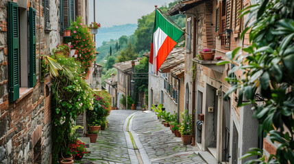 An Italian flag in the center of an Italian street, surrounded by old buildings and greenery