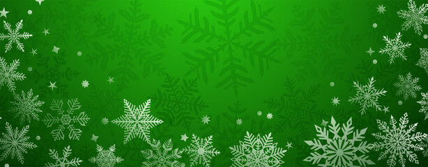 Christmas background of beautiful complex snowflakes located below, white on green colors. Winter illustration with falling snow.