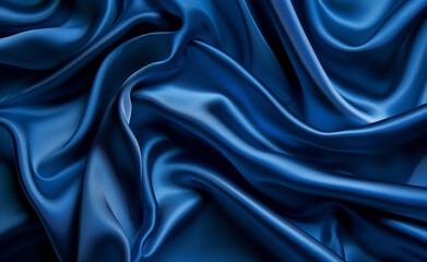 Fototapeta premium Smooth and shiny blue silk fabric with elegant folds.