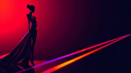 Sophisticated lady in a sleek dress, flat , cyberpunk style, neon lights, dark background