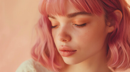 Naklejka premium Close-up of a serene woman with pink hair and closed eyes.