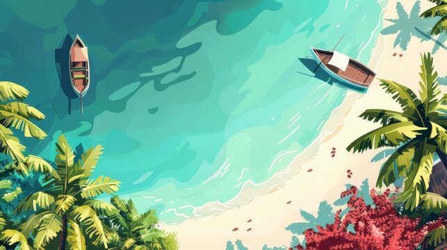 Island vacation flat design top view tropical theme water color vivid