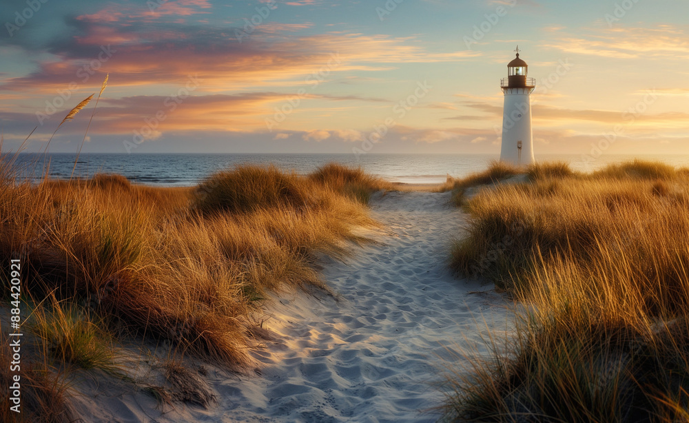 Canvas Prints A lighthouse on a sandy path at sunset surrounded by tall grass.