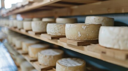 Sheep cheese wheels on shelves in cheese dairy ripening room one with empty space