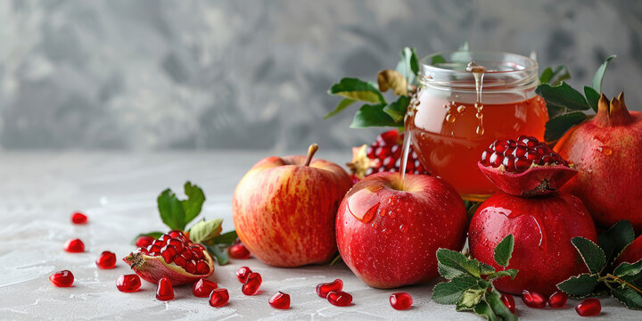 Jewish New Year concept - Rosh Hashanah. Apples, pomegranates, honey - traditional symbols of the holiday. Banner. Copy space