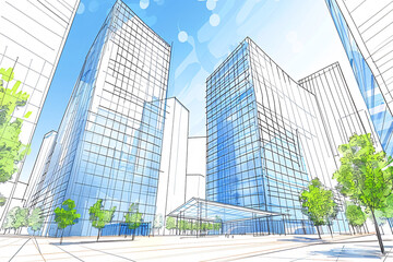 Obraz premium An artistic drawing of a cityscape featuring modern skyscrapers, green spaces, and a clear blue sky