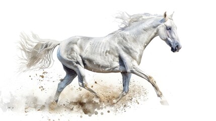 Fototapeta premium A white horse gallops freely across a sandy surface, with a pure white background