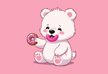 Obraz premium Adorable White Bear with Pink Tongue and Pink Donut, Holding Donut in Paws, Pink Background