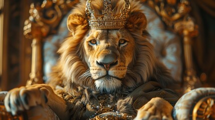 Regal lion adorned with a crown and royal robe, seated on an opulent throne