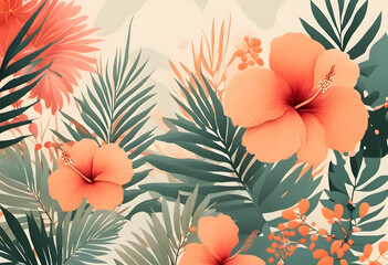A vibrant floral pattern featuring large pink and red hibiscus flowers, orange blossoms, green palm leaves and green tropical leaves on a light background.
