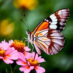 Fototapeta premium a monarch butterfly with orange, black, and white wings perched on a bright pink flower. The background shows green leaves.