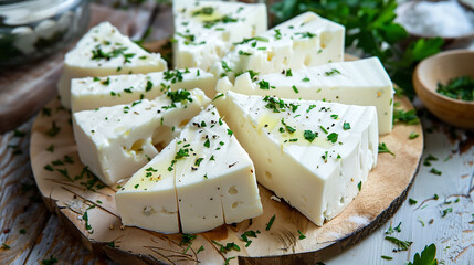 Feta cheese, famed Greek greek traditionally cut into triangle pieces and sprinkled with herbs on wooden plate