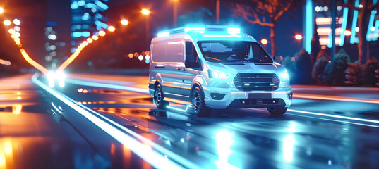 Fototapeta premium A sleek, modern ambulance with flashing lights races through a city at night, illuminated by vibrant neon lights