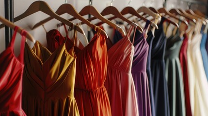 Obraz premium A rack of elegant cocktail dresses in rich, vibrant colors displayed in a high-end boutique.