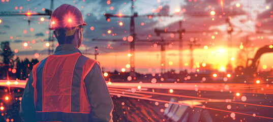 A construction engineer in safety gear looks at a digital screen with site data, bathed in the setting sun on a construction site