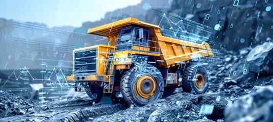 A yellow dump truck maneuvers through a rugged terrain, its path overlaid with a digital twin's data visualization