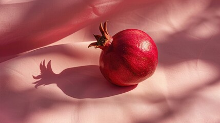 Sukkot and New Year Celebration Pomegranate on Pink Cloth with Shadows and Copy Space