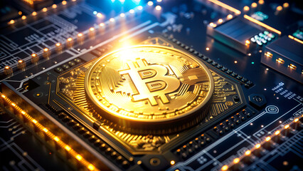 Fototapeta premium Bitcoin over a microprocessor in a motherboard. With copy space and selective focusing. 3d render banner illustration