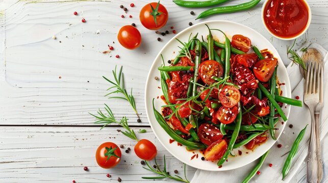 Tasty salad with green beans and tomato sauce on white wooden table flat lay Text space