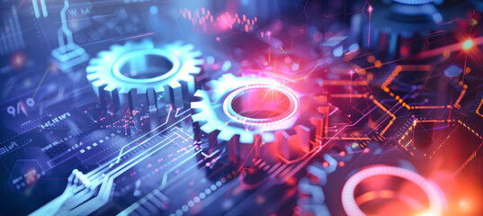 Animated gears spin on a digital backdrop with data, graphs, and geometric shapes, suggesting growth and innovation