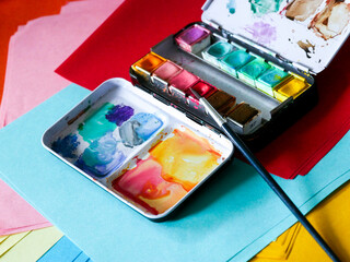 Colorful stationary paper and arts and crafts. Hobby activities.