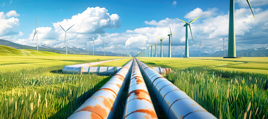 A digital painting depicting a futuristic pipeline snaking through a green field, with rows of wind turbines in the background