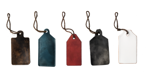 Leather label tags, with natural linen string cord knot. Different colored versions, isolated on transparent background. Generative AI
