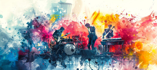 Obraz premium A watercolor painting depicting a rock band performing on stage, with vibrant splashes of color and an energetic feel