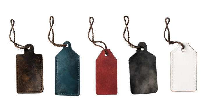 Leather label tags, with natural linen string cord knot. Different colored versions, isolated on transparent background. Generative AI