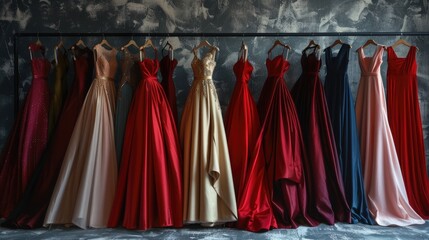 A rack of elegant evening gowns in a variety of colors and fabrics, displayed against a sophisticated backdrop.