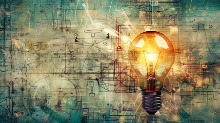 A vintage light bulb shines brightly against a background of intricate schematic drawings, suggesting innovation in technology