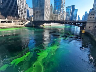 Fototapeta premium A river with green water and tall buildings with Chicago River in the background