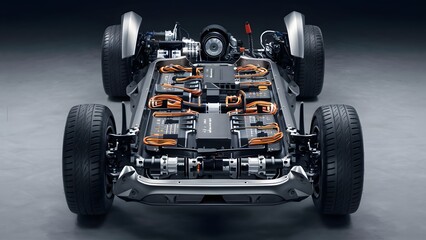 close-up of a cutting-edge electric vehicle's chassis, showcasing the sleek battery pack, powerful motor, and an intricatenetwork of orange wires connecting various components
