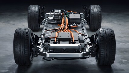 close-up of a cutting-edge electric vehicle's chassis, showcasing the sleek battery pack, powerful motor, and an intricatenetwork of orange wires connecting various components