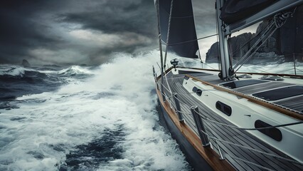 a sailing boat braving turbulent waters, with the deck prominently displaying ropes, a metallic structure, and wooden elements. The waves violently crash around the boat