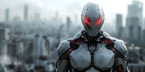 Fototapeta premium Cyborg superhero ready for action in futuristic scifi apocalypse setting. Concept Sci-fi, Cyborgs, Superheroes, Futuristic, Apocalypse