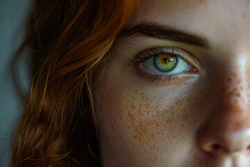 Fototapeta premium Redhead girl with freckles and freckles close up