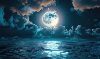 Fototapeta premium Full Moon over the Ocean at Night