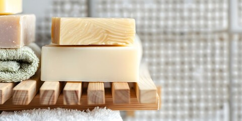 Ecofriendly soap and shampoo bars on wooden shelf for sustainable living blogs. Concept Sustainable Living, Eco-Friendly Products, Soap Bars, Shampoo Bars, Wooden Shelf