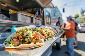 Close-up view of delicious tacos being served at a food truck. The tacos are piled high with meat, salsa, onions, and cilantro.