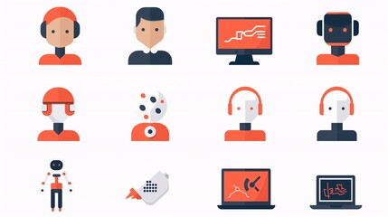 Flat design icons of AI, machine learning, and robotics with a consistent style