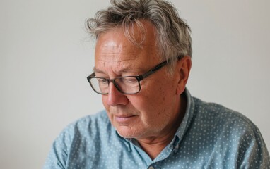 Obraz premium Thoughtful Elderly Man with Glasses in Blue Shirt. Ideal for lifestyle and portrait themes.