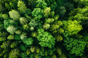 Fototapeta premium Aerial view of a dense forest, showcasing a stunning canopy of green trees from above. The lush foliage creates a mesmerizing, textured landscape