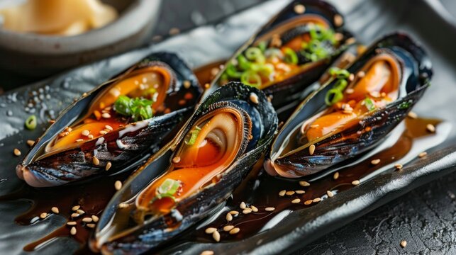 The national cuisine of Japan. Mussels baked in the oven with sake, soy sauce and ginger.