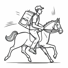 Fototapeta premium Express Delivery.K on horseback A courier riding a horse and carrying a large box behind his back. The original way. Black and white drawing in engraving style. Drsign for cover, card, decor or print.