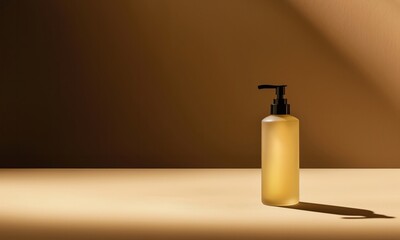 Translucent Pump Bottle with Shadow on Brown Background. Perfect for skincare and beauty product presentations.